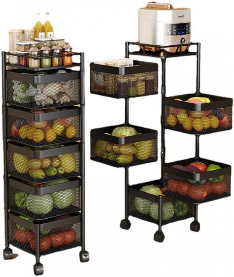 Multi Layer Rotating Storage Rack with Wheels for Kitchen and Bathroom Black 5 Tier Houseware Organizer