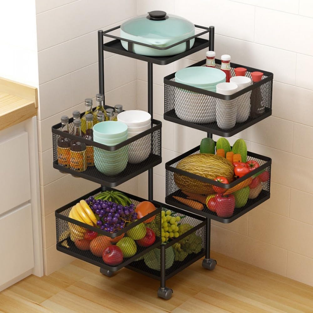 Multi Layer Rotating Storage Rack with Wheels for Kitchen and Bathroom Black 5 Tier Houseware Organizer