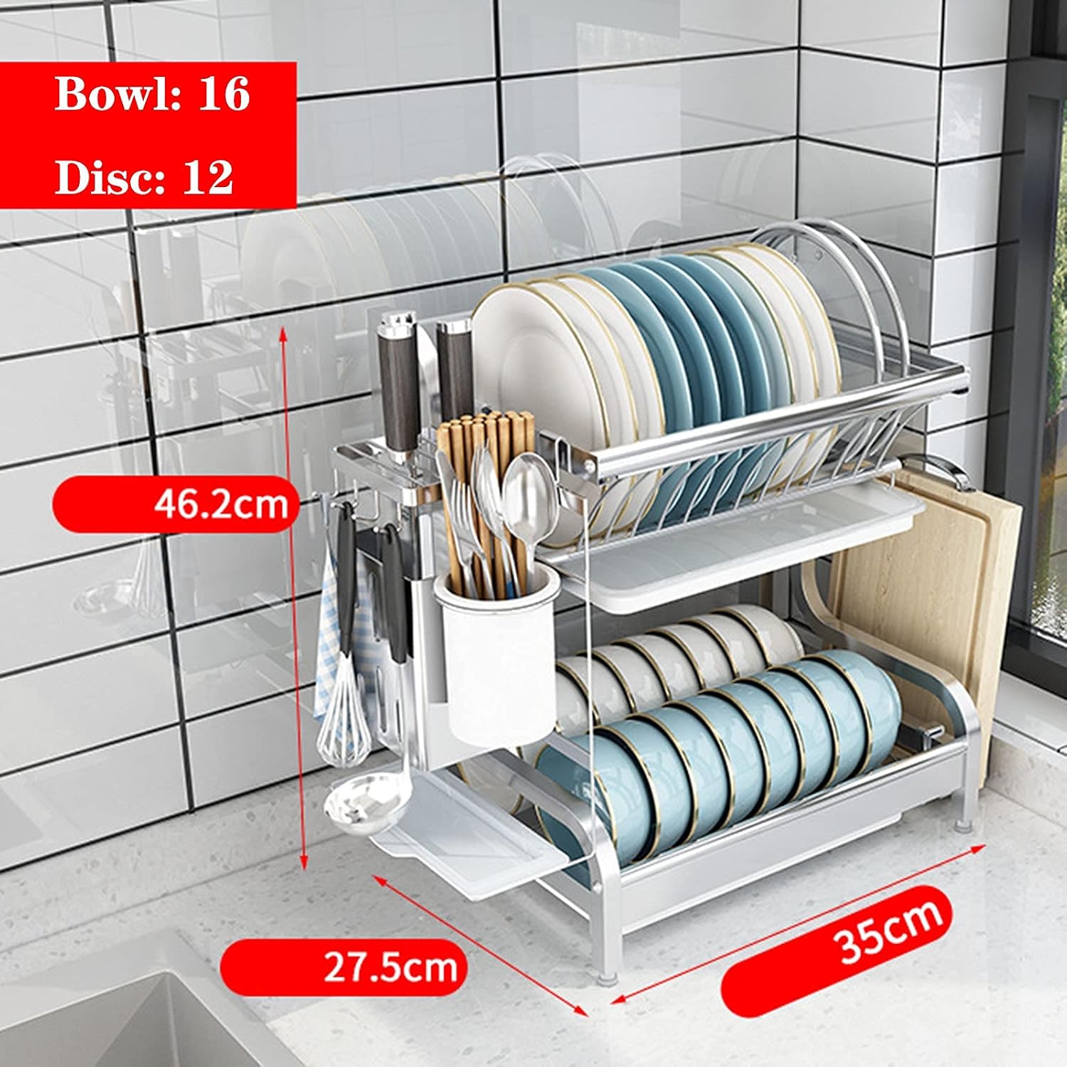 304 Stainless Steel Kitchen 2-Layer Dish Rack Drain To Dry Dishes And Chopsticks Counter Houseware Storage Box,46.2 * 27.5 * 35Cm