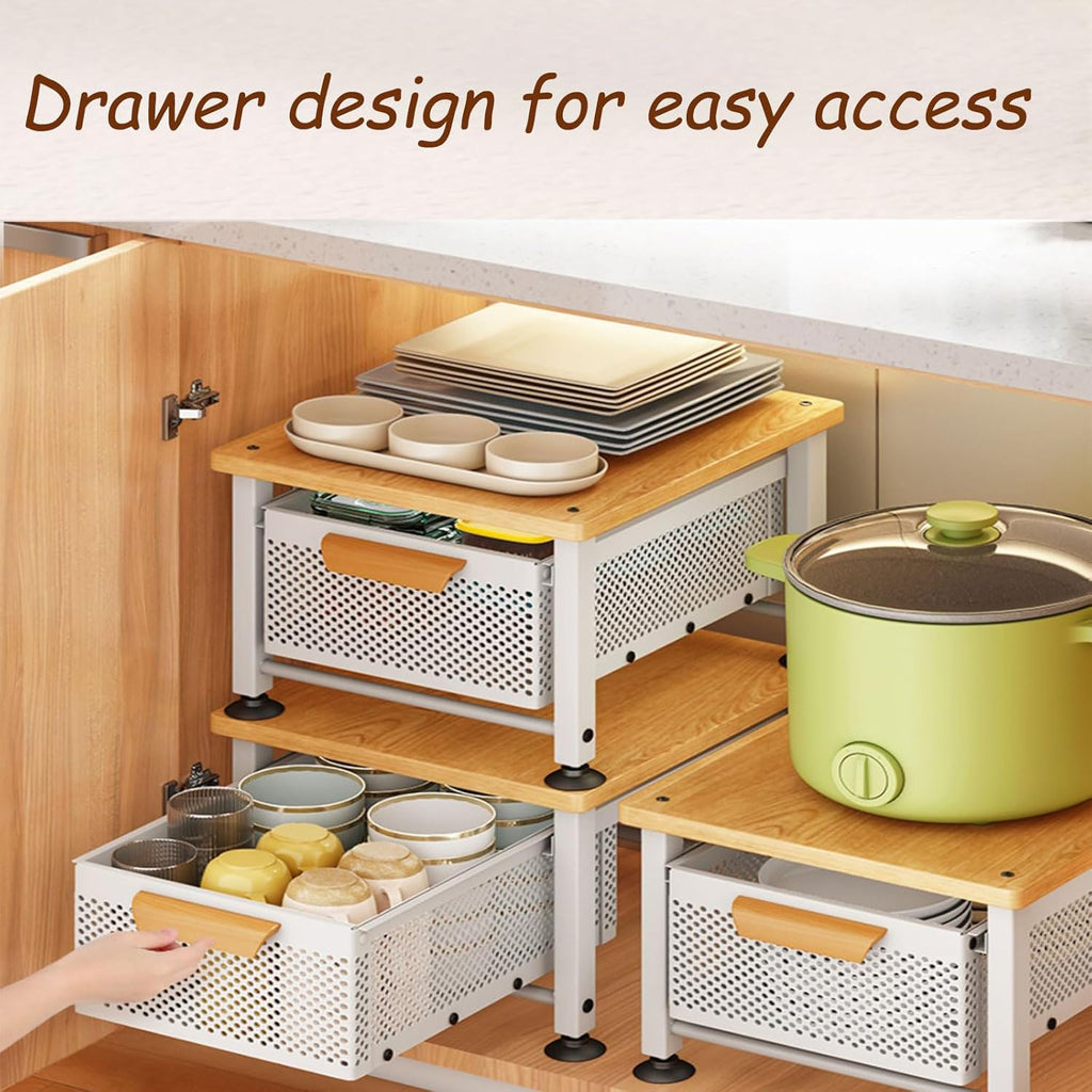 Under Sink Organizer Drawers with Pull Out Cabinets Shelf Multi functional Countertop Storage Rack with Sliding Storage Drawer for Bathroom and Kitchen White Houseware Storage Basket