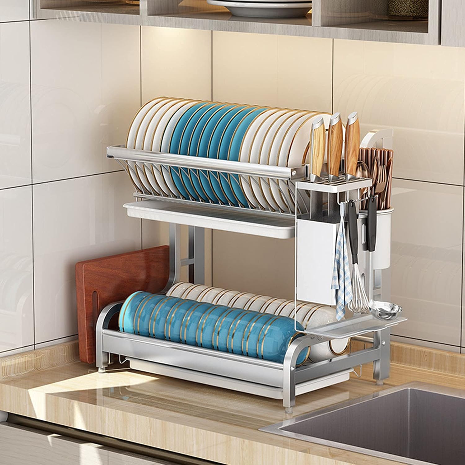304 Stainless Steel Kitchen 2-Layer Dish Rack Drain To Dry Dishes And Chopsticks Counter Houseware Storage Box,46.2 * 27.5 * 35Cm