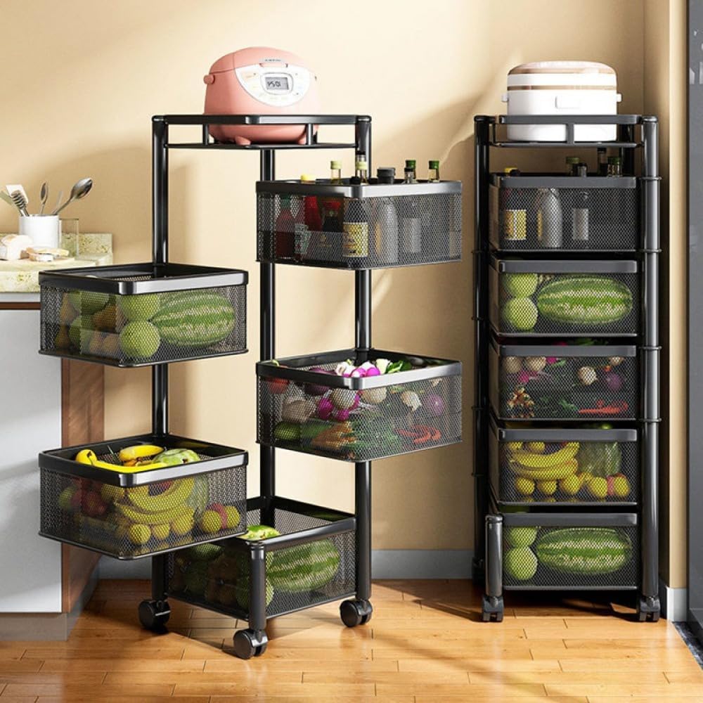 Multi Layer Rotating Storage Rack with Wheels for Kitchen and Bathroom Black 5 Tier Houseware Organizer