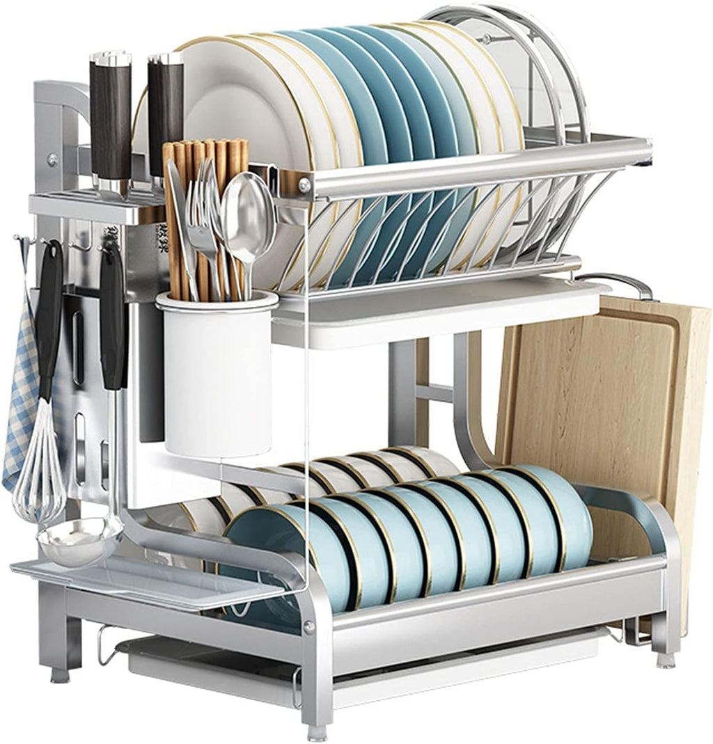 304 Stainless Steel Kitchen 2-Layer Dish Rack Drain To Dry Dishes And Chopsticks Counter Houseware Storage Box,46.2 * 27.5 * 35Cm