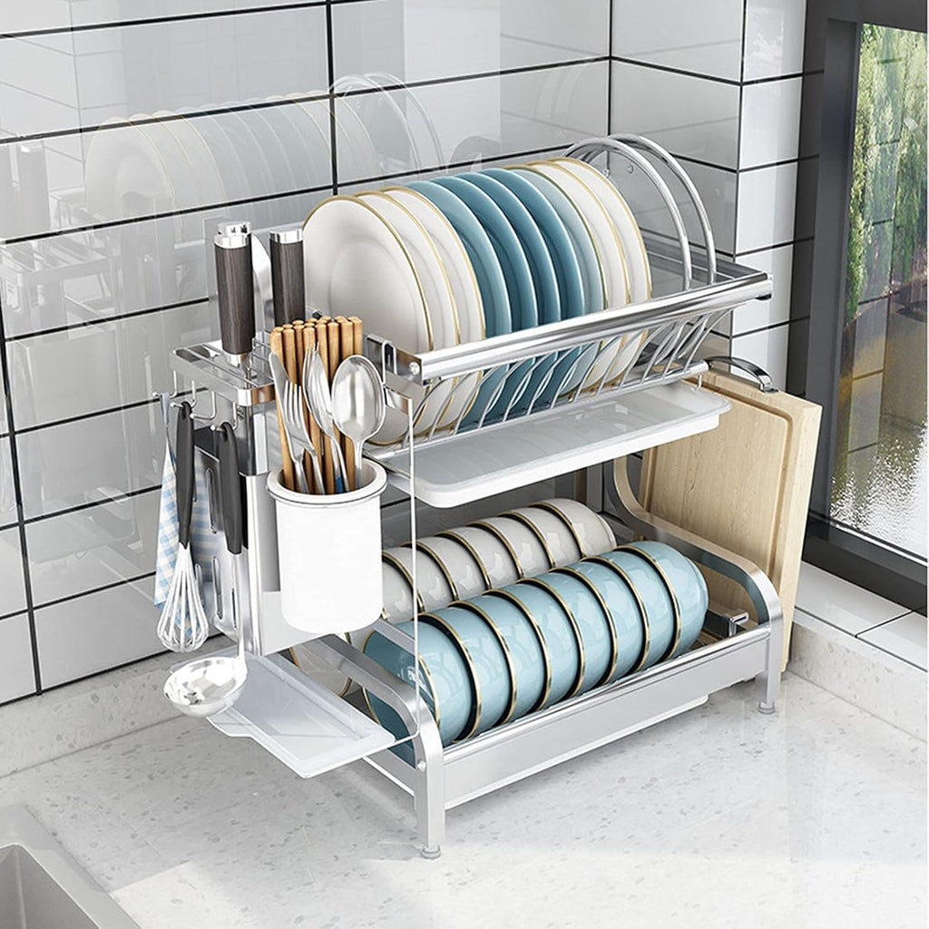 304 Stainless Steel Kitchen 2-Layer Dish Rack Drain To Dry Dishes And Chopsticks Counter Houseware Storage Box,46.2 * 27.5 * 35Cm