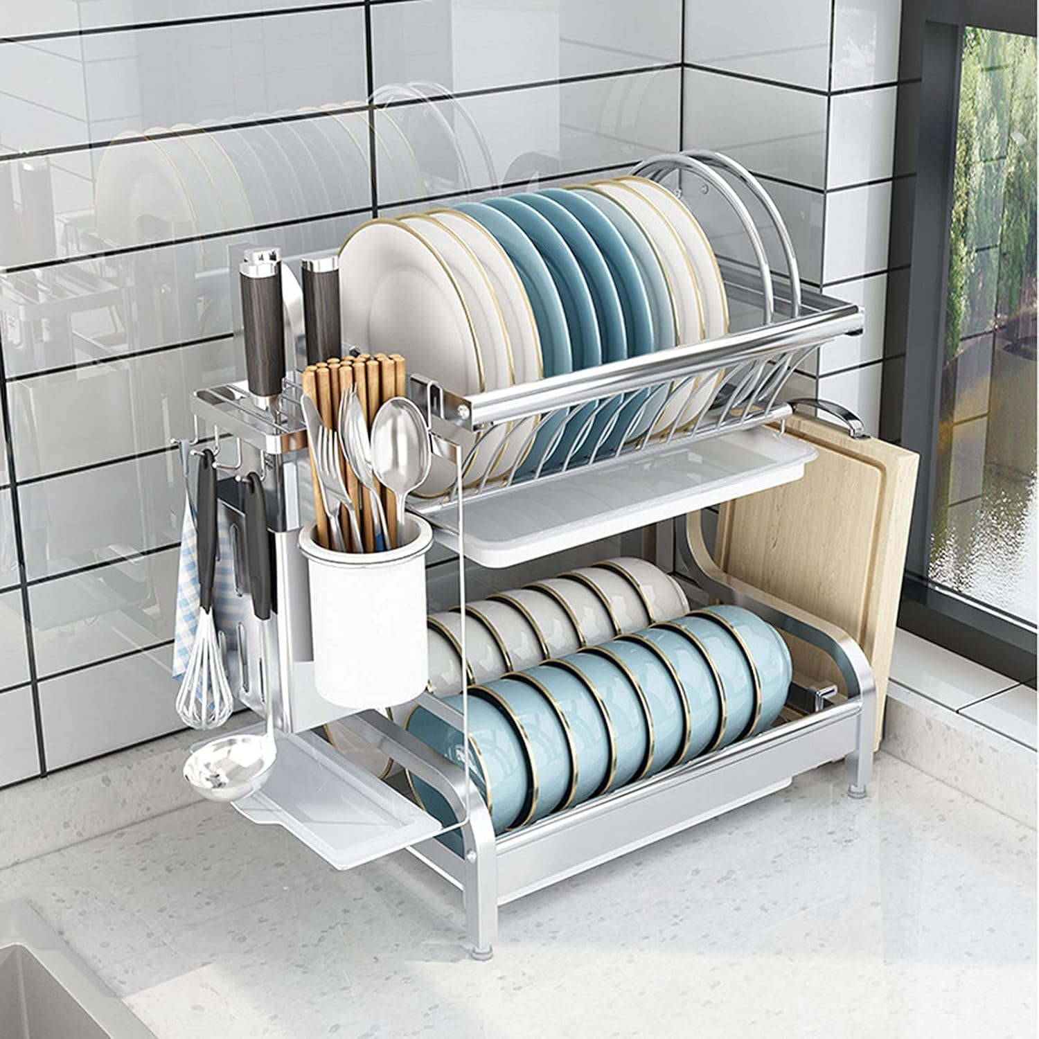 304 Stainless Steel Kitchen 2-Layer Dish Rack Drain To Dry Dishes And Chopsticks Counter Houseware Storage Box,46.2 * 27.5 * 35Cm