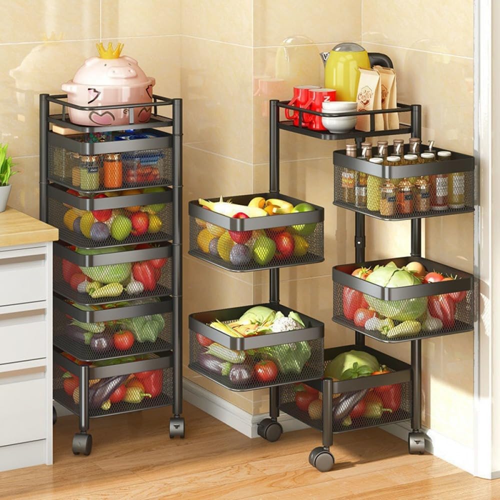 Multi Layer Rotating Storage Rack with Wheels for Kitchen and Bathroom Black 5 Tier Houseware Organizer