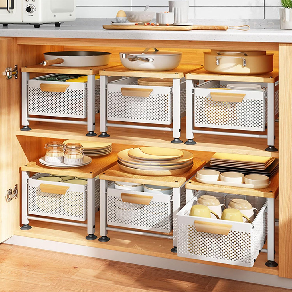 Under Sink Organizer Drawers with Pull Out Cabinets Shelf Multi functional Countertop Storage Rack with Sliding Storage Drawer for Bathroom and Kitchen White Houseware Storage Basket